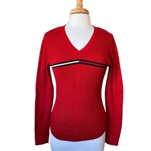 Vintage Y2K Tommy Hilfiger Red Ribbed V-Neck Cable Knit Sweater Women's M